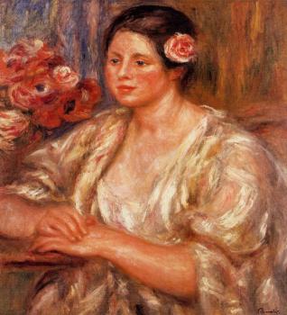 Pierre Auguste Renoir : Madelaine in a White Blouse and a Bouquet of Flowers